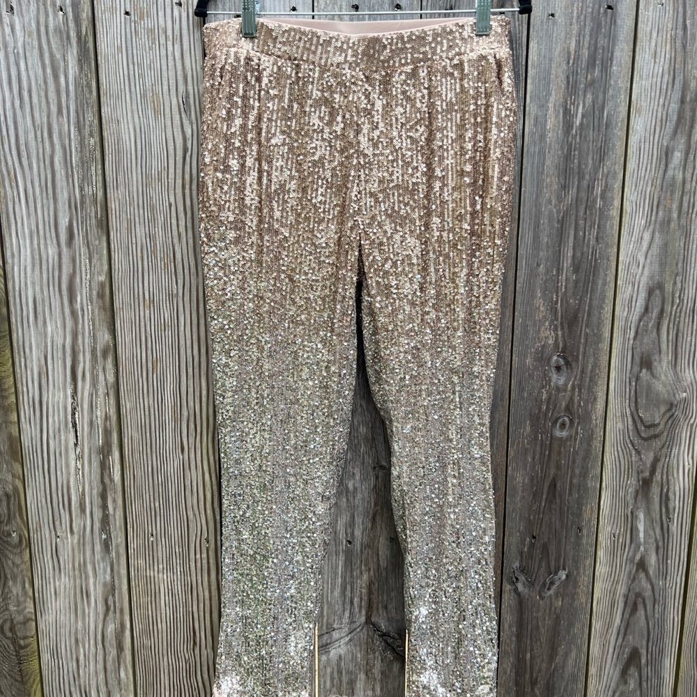 Cable & Gauge Champagne Gold Sequin Women’s Pants w pockets Medium NWT NEW